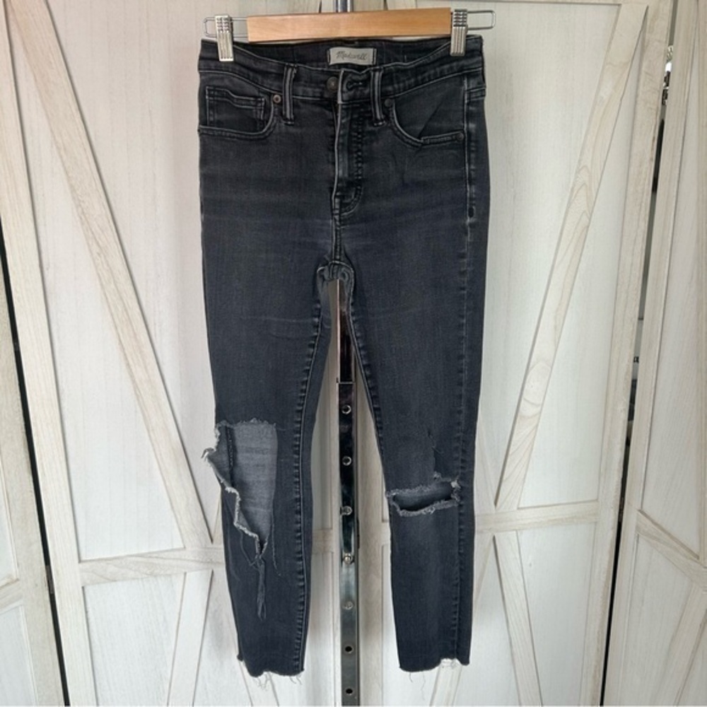 💋Madewell 9” high rise skinny stretch distressed jeans 👖 charcoal black - 25